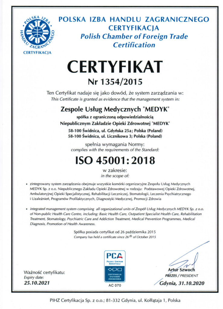 certyfikat iso 45001:2018 nr. 1354/2015